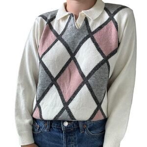 Vintage 1990s Womens Alfred Dunner Pinky Preppy Argyle Collared Sweater Sz M